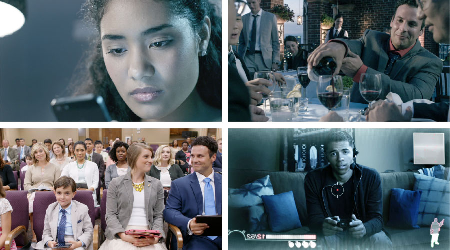 جان در حال ريختن شراب برای مشتری‌های خود در رستوران؛‏ كريستين در حال نگاه كردن به شبكهٔ اجتماعی؛‏ پسری در حال بازی آنلاين؛‏ يک خانواده در جلسه 