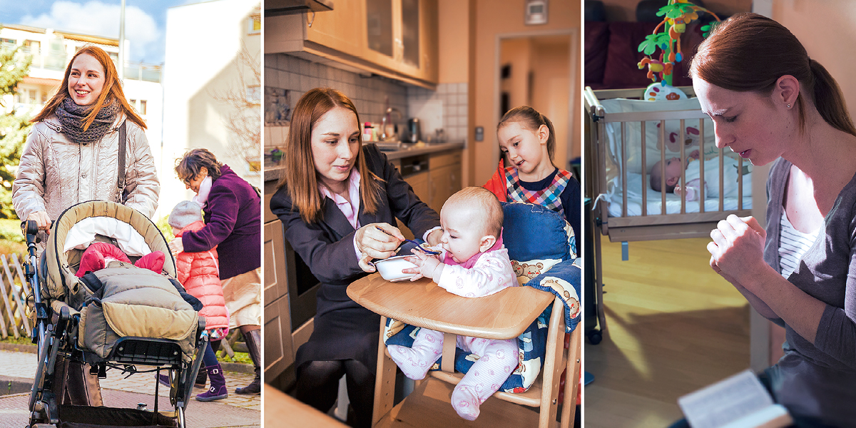 تصاوير از يک مادر جوان.‏ ۱)‏ قبل از شروع روز دعا می‌كند.‏ ۲)‏ قبل از شركت در موعظه،‏ به بچهٔ خود غذا می‌دهد.‏ ۳)‏ شادمانه با دو دخترش و يک خواهر ديگر از جماعتش در موعظه شركت می‌كند.‏