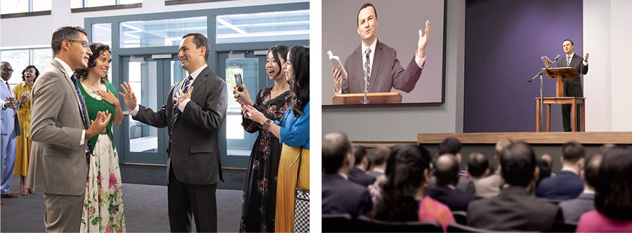 مجموعه‌ای از تصاویر:‏ ۱)‏ برادری در مجمع سخنرانی می‌کند.‏ ۲)‏ دیگران او را تحسین می‌کنند ولی او با فروتنی به یَهُوَه جلال می‌دهد.‏