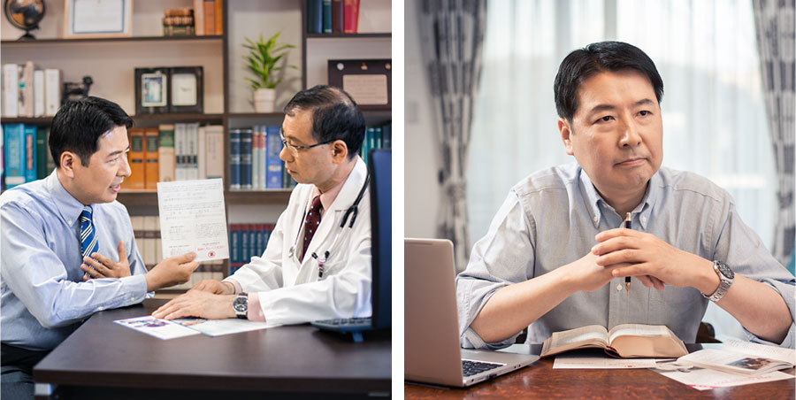 مجموعه تصاویر:‏ ۱)‏ برادری با استفاده از کتاب مقدّس و نشریات تحقیق می‌کند.‏ ۲)‏ برادری با پزشکش صحبت می‌کند و کارت خونش را نشان می‌دهد.‏