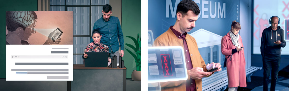 مجموعه‌ای از تصاویر:‏ صحنه‌هایی از ویدیوی «آیا از دید خدا پورنوگرافی گناه است؟‏» ۱)‏ در ایستگاه اتوبوس یک زن و دو مرد با گوشی موبایلشان سرگرم هستند.‏ آن دو مرد به چیزهایی نگاه می‌کنند که علامت «XXX» دارد.‏ ۲)‏ بعد یکی از آن دو مرد با زنش در وب سایت .jw.org مقالهٔ «آیا از دید خدا پورنوگرافی گناه است؟‏» را می‌خواند.‏