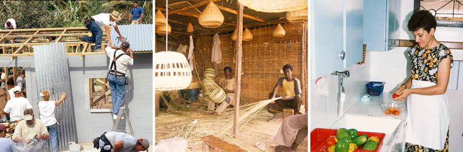 زنی سبزيجات ميشورد؛‏ مردانی سبدهای حصيری می‌سازند؛‏ مردان و زنان ساختمانی می‌سازند 