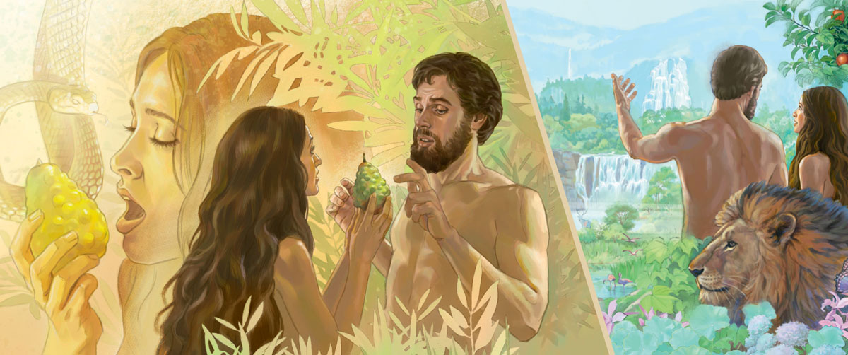 آدم و حوّا در باغ عدن؛‏ مار با حوّا حرف می‌زند،‏ حوّا از ميوه می‌خورد و به آدم می‌دهد