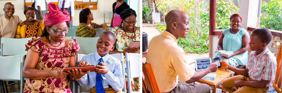 پدری به همراه پسرش در پرستش خانوادگی از دستگاه الكترونيكی استفاده می‌كند؛‏ پدر و مادری از اين كه می‌بينند پسرشان در جلسه به خواهری كمک می‌كند كه از تبلتش استفاده كنند خوشحالند