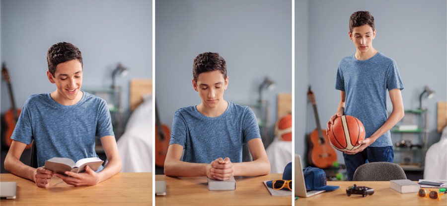 پسری نوجوان به جای توپ‌بازی،‏ دعا می‌كند و كتاب مقدّس را مطالعه می‌كند