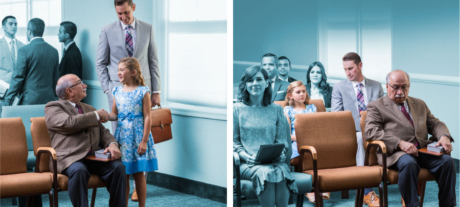 پدری دخترش را تشويق می‌كند كه به برادری كه تنها نشسته است سلام دهد