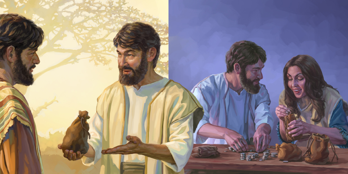 حَنانيا و سَفيره پول‌هايشان را می‌شمارند؛‏ حَنانيا تنها بخشی از آن پول را به پِطرُس می‌دهد