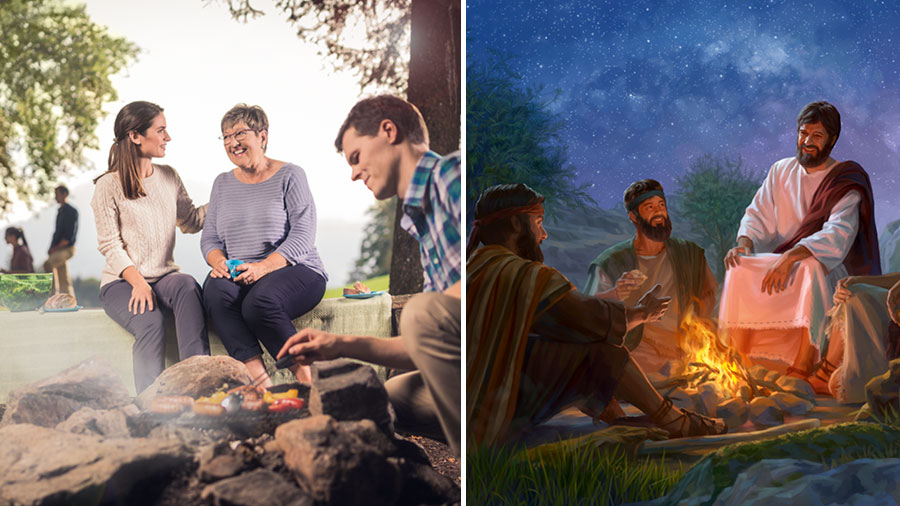 عيسی در كنار آتش با شاگردانش صحبت می‌كند؛‏ دو خواهر در كنار آتش با يكديگر معاشرت می‌كنند و برادری مشغول آماده كردن غذا است