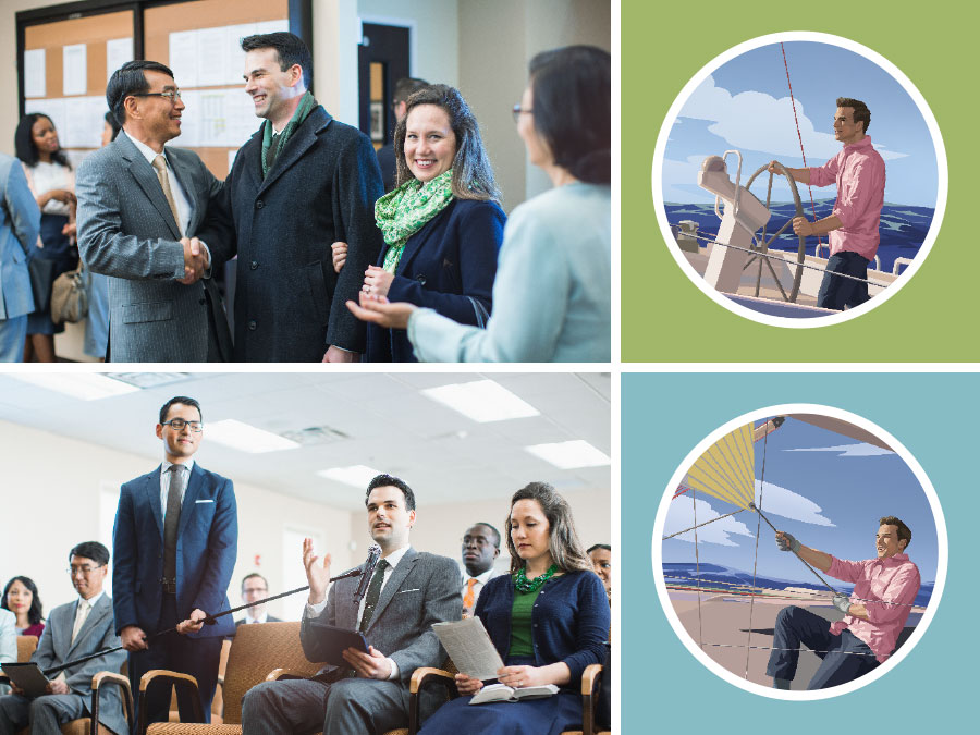 چهار تصوير كه شركت در فعاليت‌های روحانی را با دريانوردی مقايسه می‌كند.‏ ۱)‏ برادری قايقش را در مسير باد هدايت می‌كند.‏ ۲)‏ برادری به همراه همسرش وارد سالن جماعت می‌شود.‏ ۳)‏ برادری بادبان‌های قايقش را در جهت باد می‌گشايد.‏ ۴)‏ برادری در جلسه جواب می‌دهد.‏