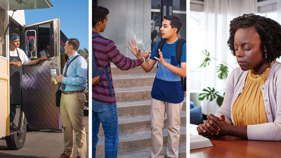 ۱)‏ خواهری در حالی كه پشت ميز نشسته است و كتاب مقدّسش باز است دعا می‌كند.‏ ۲)‏ برادری جوان پيشنهاد سيگار را از طرف همكلاسی‌اش رد می‌كند.‏ ۳)‏ برادری به آشپزی در يک رستوران سيّار تراكت می‌دهد.‏