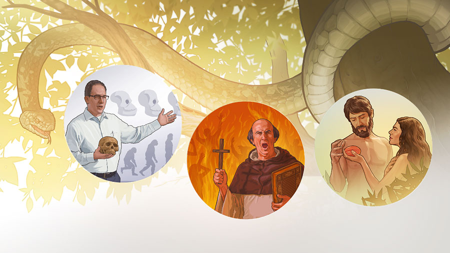 ماری به دور يک درخت پيچيده شده است.‏ مجموعه‌ای از تصاوير:‏ ۱)‏ حوّا ميوه‌ای را كه يَهُوَه خوردنش را ممنوع كرده است به آدم می‌دهد.‏ ۲)‏ يک رهبر مذهبی در حال سخنرانی است و يک صليب و كتاب مقدّس در دست دارد.‏ پشت سر او،‏ افرادی در حال سوختن در آتش هستند.‏ ۳)‏ معلّمی يک استخوان جمجمه در دست دارد و به تصويری كه نظريهٔ تكامل را تعليم می‌دهد اشاره می‌كند.‏