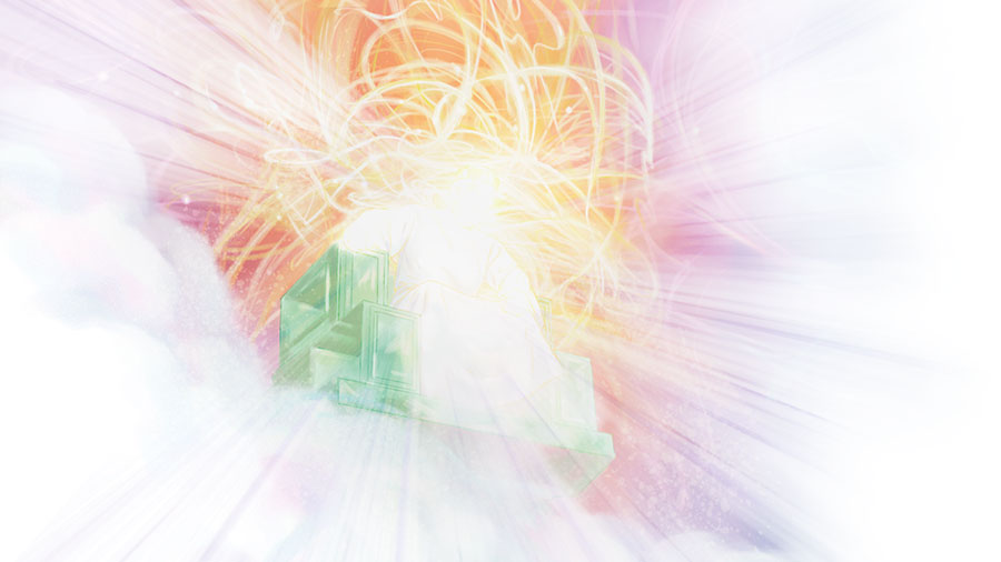 يَهُوَه بر تختی از جنس زمرّد كه گرداگرش را نور گرفته است به تصوير كشيده شده است.‏ 