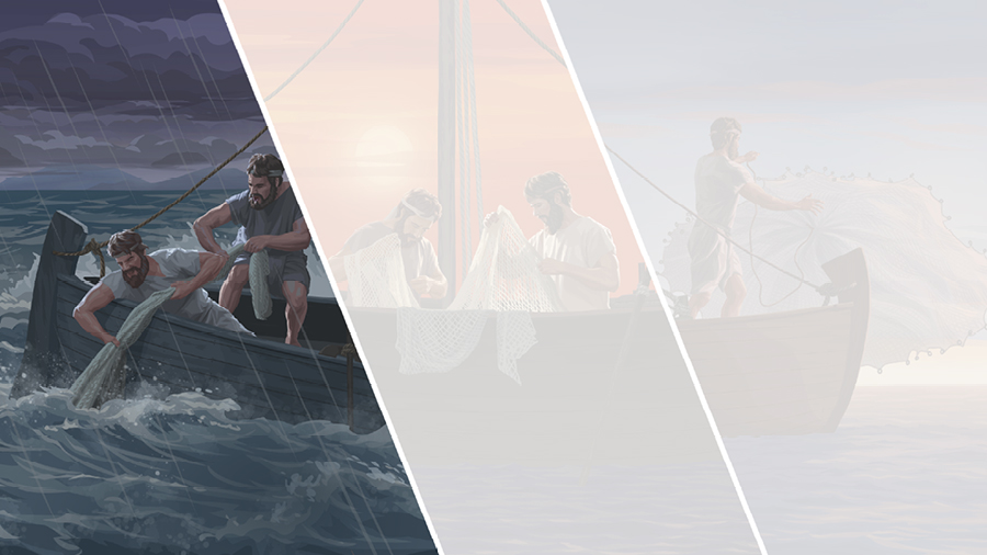 دو ماهيگير هنگام شب تورشان را از دريايی توفانی به درون قايق می‌كشند.‏