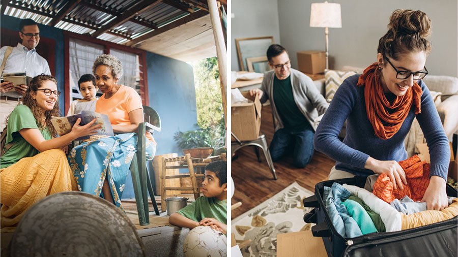 مجموعه‌ای از تصاوير.‏ زوجی زندگی‌شان را ساده می‌كنند تا بتوانند در جايی كه نياز بيشتری به مبشّر است خدمت كنند.‏ ۱)‏ آن زوج وسايلشان را در كارتون و چمدان می‌گذارند.‏ ۲)‏ آن زوج در كشوری ديگر در حال موعظه هستند.‏ خواهرمان بروشوری را به يک خانم نشان می‌دهد.‏