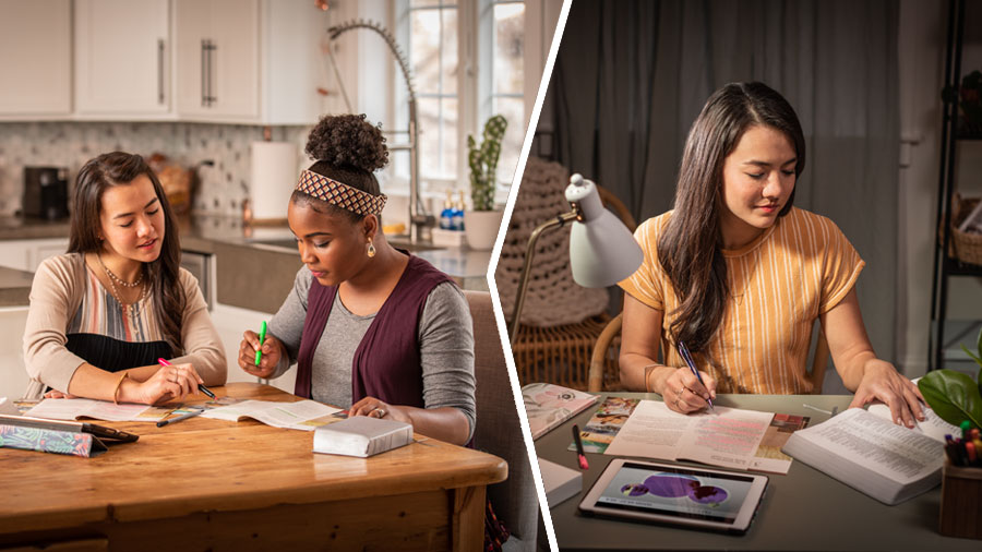 مجموعه‌ای از تصاوير:‏ ۱)‏ آن خواهر از قبل خودش را برای مطالعه آماده می‌كند.‏ ۲)‏ سپس او به شاگردش كمک می‌كند تا نكات كليدی را بيابد و زير آن‌ها خط بكشد.‏