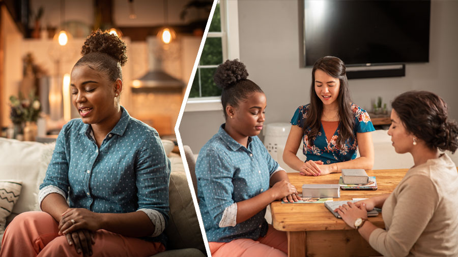 مجموعه‌ای از تصاوير:‏ ۱)‏ آن خواهر پيش از مطالعه،‏ به همراه شاگردش دعا می‌كند.‏ ۲)‏ سپس،‏ آن شاگرد خودش نيز به‌تنهايی دعا می‌كند.‏