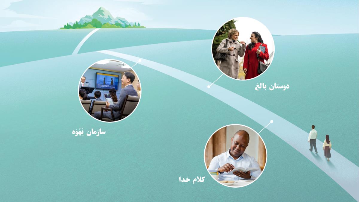 مجموعه‌ای از تصاوير:‏ زوجی در مسيری باريک كه به كوهی می‌رسد راه می‌روند.‏ سه تصوير ديگر نشان می‌دهد كه ما چگونه می‌توانيم در طول مسير،‏ خود را اصلاح كنيم.‏ در بندهای ۷،‏ ۹ و ۱۴ نيز به اين تصاوير اشاره می‌شود.‏