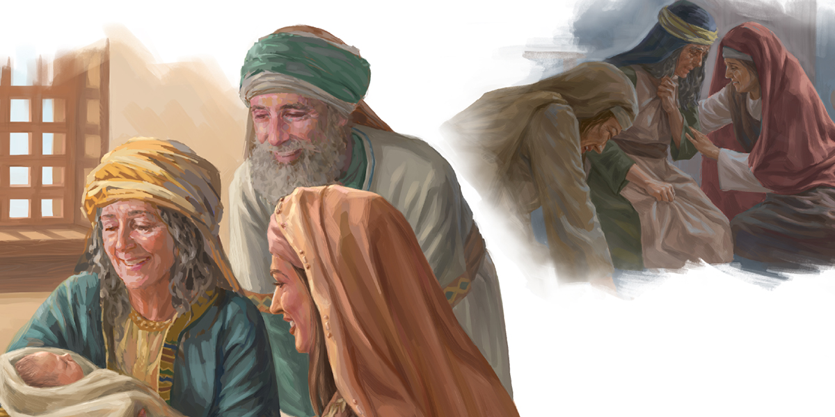 مجموعه‌ای از تصاوير:‏ ۱)‏ نَعومی برای مرگ دو پسرش داغدار است و روت و عُرپَه نيز در كنار او سوگواری می‌كنند.‏ ۲)‏ نَعومی عَوبيد را در آغوش گرفته است و روت و بُوعَز برای تولّد او شادی می‌كنند.‏