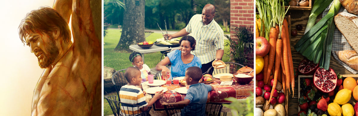 مجموعه‌ای از تصاویر:‏ هدایایی از طرف یَهُوَه.‏ ۱)‏ غذاهای متنوع.‏ ۲)‏ یک خانوادهٔ شاد با هم غذا می‌خورند.‏ ۳)‏ عیسی روی تیر شکنجه.‏