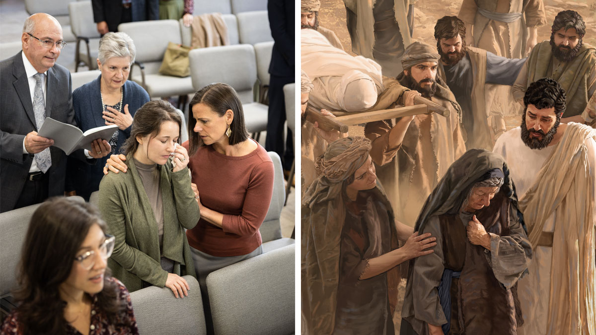 مجموعه‌ای از تصاویر:‏ ۱)‏ عیسی طی مراسم خاکسپاری به مادری داغدار دلداری می‌دهد.‏ ۲)‏ خواهری به خواهر دیگر که هنگام خواندن سرود در جلسه گریه می‌کند،‏ دلداری می‌دهد.‏