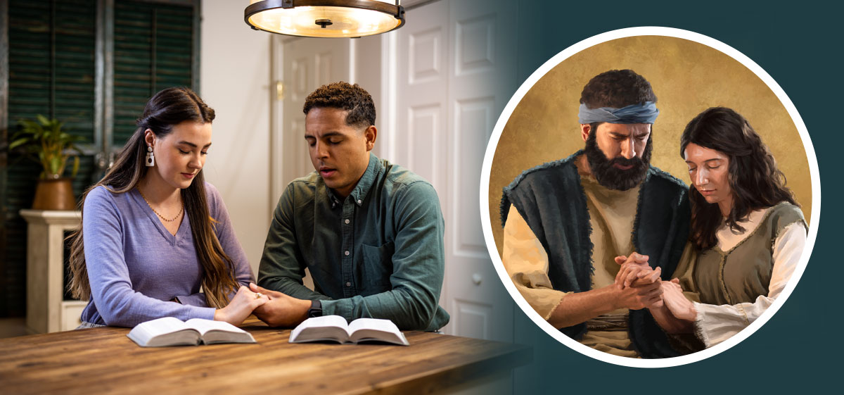 زوجی دست همدیگر را می‌گیرند و دعا می‌کنند.‏ عکس کوچک‌تر نشان می‌دهد که یوسِف و مریم هنگام دعا دست همدیگر را می‌گیرند.‏