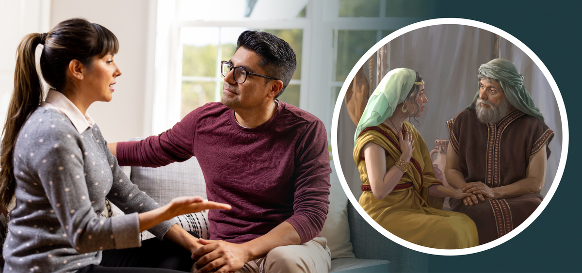 شوهری با دقت به احساسات همسرش گوش می‌دهد.‏ عکس کوچک‌تر نشان می‌دهد که ابراهیم با دقت به احساسات سارا گوش می‌کند.‏