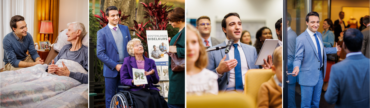 مجموعه‌ای از تصاویر:‏ برادری از لحاظ روحانی پیشرفت می‌کند.‏ ۱)‏ آن برادر بیرون سالن جماعت به دیگران خوش‌آمدگویی می‌کند.‏ ۲)‏ در جلسه جواب می‌دهد.‏ ۳)‏ همراه یک خواهر مسن روی صندلی چرخ‌دار موعظه چرخ‌دستی انجام می‌دهد.‏ ۴)‏ از یک پیر جماعت سالخورده دیدن می‌کند.‏