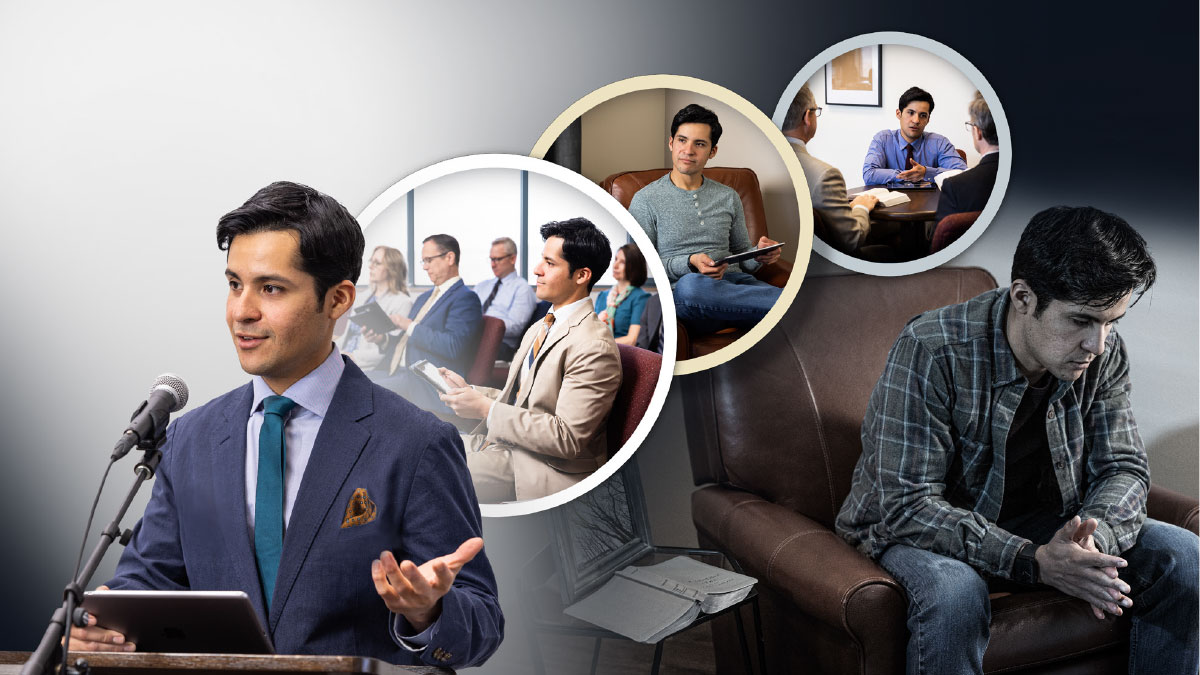 مجموعه‌ای از تصاویر:‏ ۱)‏ برادری غمگین با کتاب مقدّسی باز در کنارش.‏ ۲)‏ آن برادر با دو پیر جماعت صحبت می‌کند.‏ ۳)‏ او بر آنچه در تبلتش می‌خواند تعمّق می‌کند.‏ ۴)‏ او با دقت به برنامهٔ جلسه گوش می‌دهد.‏ ۵)‏ او در جلسه سخنرانی می‌دهد.‏