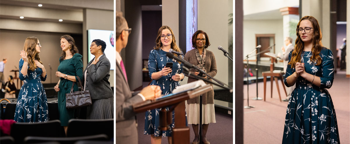 مجموعه‌ای از تصاویر:‏ ۱)‏ خواهری در مجمع قبل از رفتن روی سکو دعا می‌کند.‏ ۲)‏ برادری از او و خواهری دیگر مصاحبه می‌کند.‏ ۳)‏ آن خواهر بعد از اتمام برنامه وقتی دیگران او را تحسین می‌کنند جلال را به یَهُوَه می‌دهد.‏