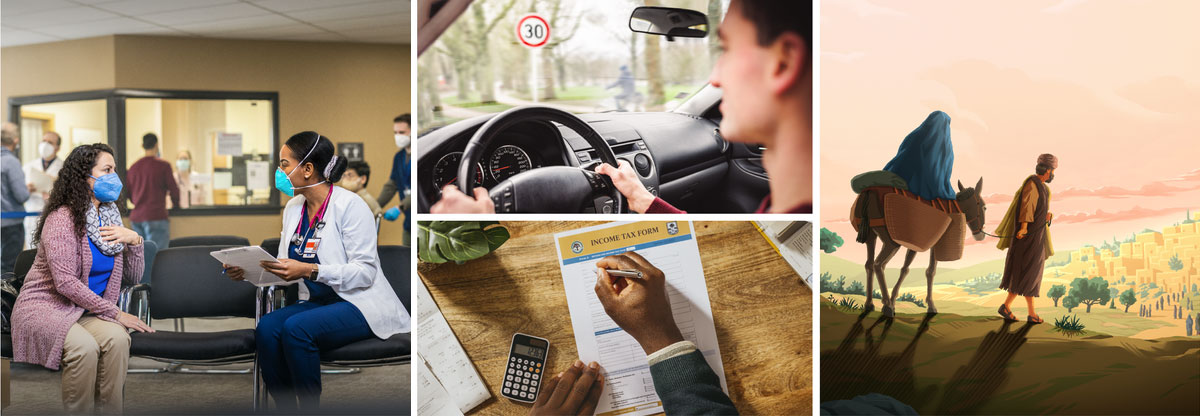 مریم سوار بر الاغ و همراه یوسِف عازم بِیت‌لِحِم شده است.‏ مجموعه‌ای از تصاویر:‏ ۱)‏ برادری در حال رانندگی سرعتش را چک می‌کند.‏ ۲)‏ برادری فرم مالیات پر می‌کند.‏ ۳)‏ خواهری ماسک زده است و حین صحبت با دکتر در بیمارستان فاصلهٔ اجتماعی را رعایت می‌کند.‏