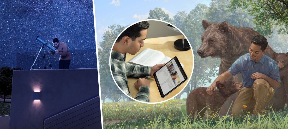 برادری با استفاده از نمودار «پیام کتاب مقدّس» از ضمیمه «ترجمۀ دنیای جدید» کتاب مقدّس مطالعۀ خود را غنی‌تر می‌کند.‏ مجموعه‌ای از تصاویر:‏ ۱)‏ آن برادر در دنیای جدید با چند بچه خرس و خرس مادر است.‏ ۲)‏ او با استفاده از تلسکوپ ستاره‌های بی‌شمار را در تاریکی شب نگاه می‌کند.‏۲