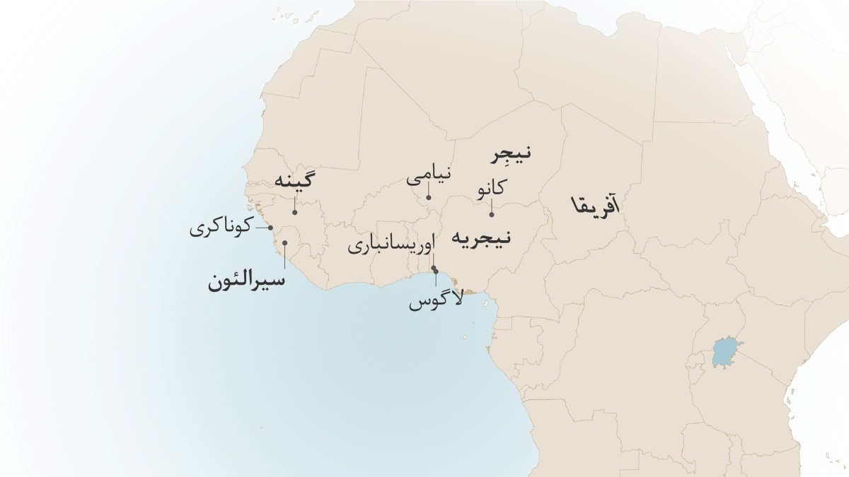 نقشهٔ آفریقای شرقی که محل‌های زندگی و خدمت ایسرائل ایتاجوبی را نشان می‌دهد:‏ کوناکری،‏ گینه؛‏ سیرالئون؛‏ نیامی،‏ نیجِر؛‏ کانو،‏ اوریسانباری و لاگوس،‏ نیجریه.‏