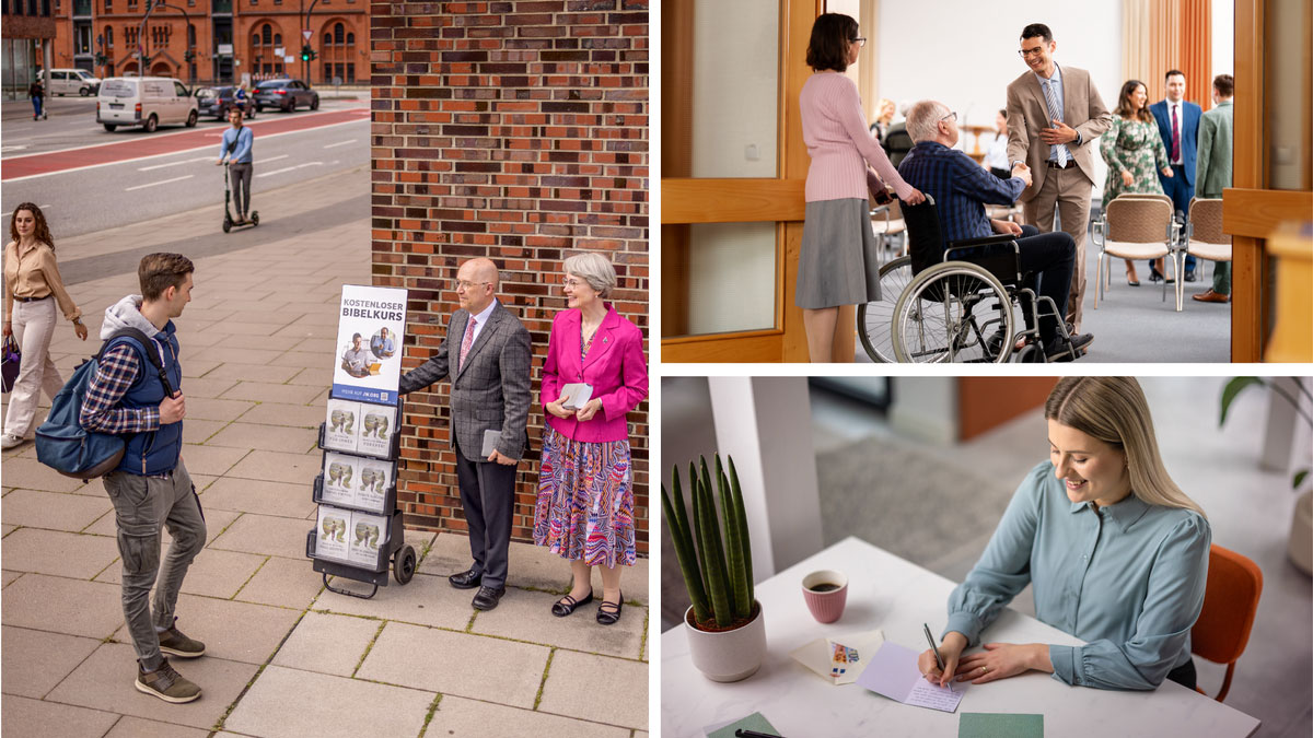 مجموعه‌ای از تصاویر:‏ ۱)‏ برادری در جلسه به مردی روی صندلی چرخدار و پرستارش خوش‌آمد می‌گوید.‏ ۲)‏ خواهری کارت می‌نویسد.‏ ۳)‏ زوجی با چرخ‌دستی موعظه می‌کنند.‏