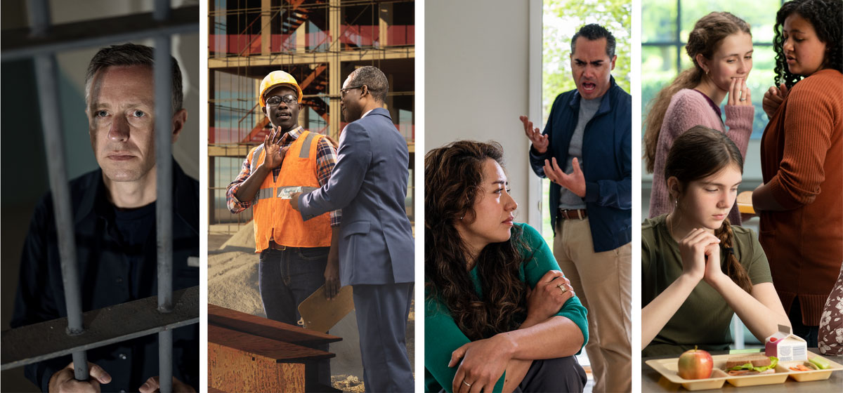 مجموعه‌ای از تصاویر:‏ مسیحیان با سختی‌ها روبرو می‌شوند.‏ ۱)‏ خواهری جوان در مدرسه قبل از غذا می‌خواهد دعا کند که متوجه می‌شود دو دختر پشت سرش درگوشی حرف می‌زنند.‏ ۲)‏ شوهر بی‌ایمان خواهری،‏ سر او داد می‌زند.‏ ۳)‏ برادری در سر کار رشوه قبول نمی‌کند.‏ ۴)‏ برادری از سلول زندان به بیرون نگاه می‌کند.‏