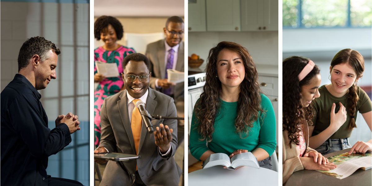 مجموعه‌ای از تصاویر:‏ تصویر برادران و خواهران.‏ ۱)‏ خواهر جوان به همکلاسی‌اش موعظه می‌کند.‏ ۲)‏ خواهر متأهل بر روی کتاب مقدّس تعمّق می‌کند.‏ ۳)‏ برادری که رشوه را قبول نکرد،‏ در جلسه جواب می‌دهد.‏ ۴)‏ برادر زندانی در سلولش دعا می‌کند.‏