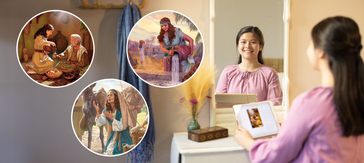 خواهری جوان به آینه نگاه می‌کند و روی آنچه در نشریه خوانده است تعمّق می‌کند.‏ تصاویر کوچک:‏ ۱)‏ رِبِکا برای شترها آب فراهم می‌کند.‏ ۲)‏ اِستِر برای مُردِخای غذا می‌آورد.‏ ۳)‏ اَبیجایِل زانو می‌زند و برای حفظ جان خود و اهل خانه‌اش تمنا می‌کند.‏