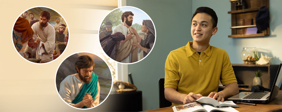 برادری جوان موقع مطالعهٔ شخصی تعمّق می‌کند.‏ مجموعه‌ای از تصاویر:‏ ۱)‏ عیسی همراه مارتا و مریم گریه می‌کند.‏ ۲)‏ او دعا می‌کند.‏ ۳)‏ او پاهای یکی از رسولان را می‌شوید.‏