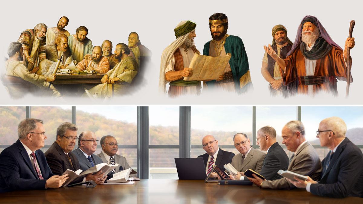 مجموعه‌ای از تصاویر:‏ ۱)‏ یوشَع محترمانه به حرف موسی گوش می‌کند.‏ ۲)‏ حِزِقیای پادشاه محترمانه به گفته‌های اِشَعْیای نبی در رابطه با یک طومار گوش می‌کند.‏ ۳)‏ رسولان و پیران در اورشلیم با هم جمع می‌شوند.‏ ۴)‏ یکی از جلسات هیئت اداره‌کننده.‏