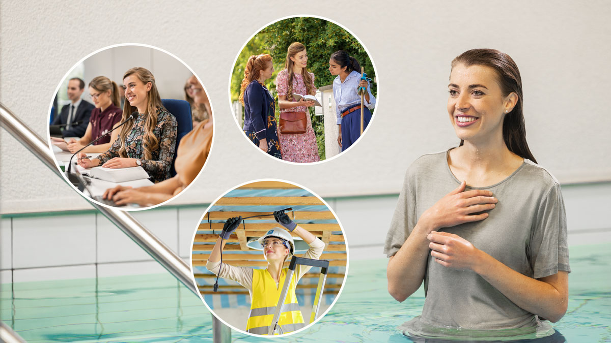 خواهری جوان که تازه تعمید گرفته شاد است.‏ تصاویر کوچک:‏ ۱)‏ او در خدمت موعظه مشغول است.‏ ۲)‏ او در دورهٔ آموزشی برای بشارت‌دهندگان شرکت می‌کند.‏ ۳)‏ او در پروژهٔ ساختمان‌سازی سیم‌کشی می‌کند.‏