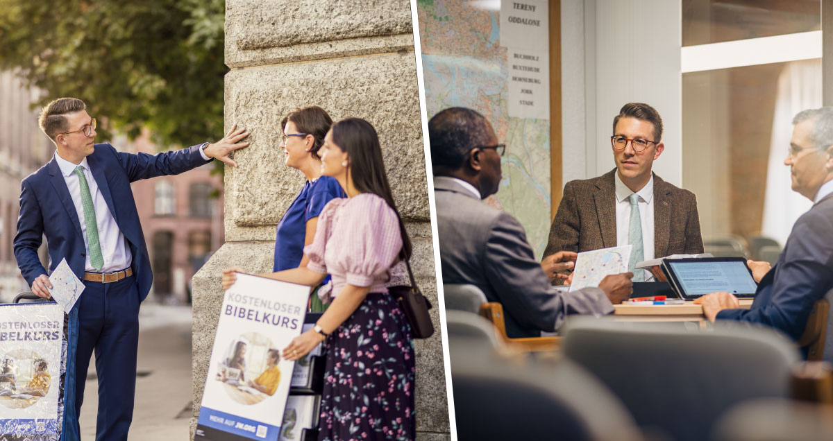 مجموعه‌ای از تصاویر:‏ ۱)‏ سه پیر جماعت در سالن جماعت جمع می‌شوند تا در مورد محدودهٔ موعظه صحبت کنند.‏ ۲)‏ بعداً یکی از پیران به دو خواهر می‌گوید چطور چرخ‌دستی را در محلی امن قرار دهند.‏