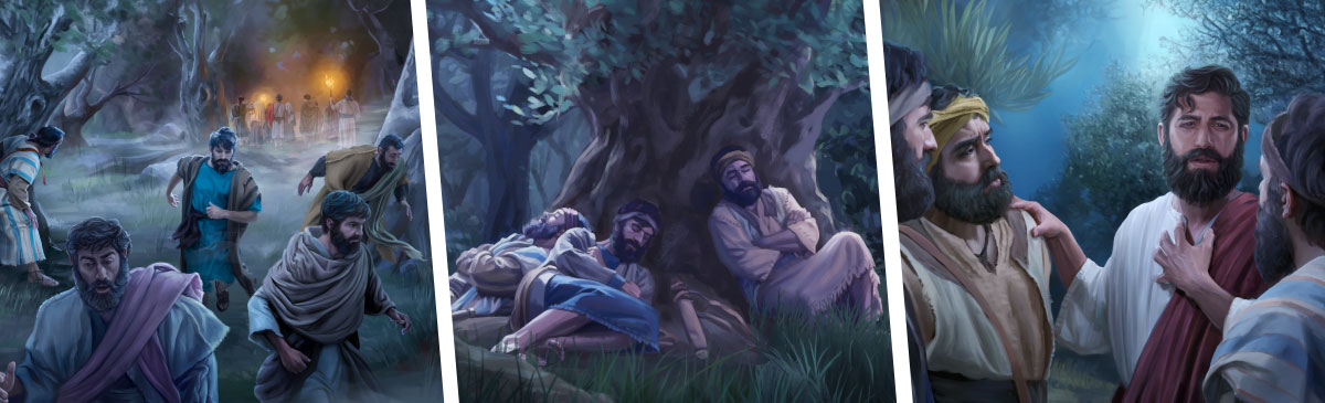 مجموعه‌ای از تصاویر:‏ عیسی و رسولانش،‏ موقع شب در باغ جِتسیمانی هستند.‏ ۱)‏ عیسی با رسولانش صحبت می‌کند.‏ ۲)‏ رسولان می‌خوابند.‏ ۳)‏ وقتی عیسی را دستگیر می‌کنند،‏ رسولان فرار می‌کنند.‏