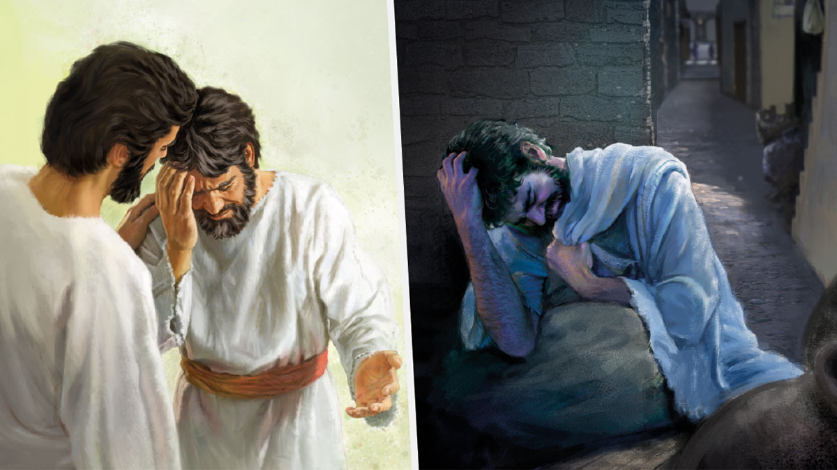 مجموعه‌ای از تصاویر:‏ ۱)‏ پِطرُس رسول به تلخی گریه کرد.‏ ۲)‏ عیسای رستاخیزیافته به پِطرُس دلگرمی می‌دهد.‏