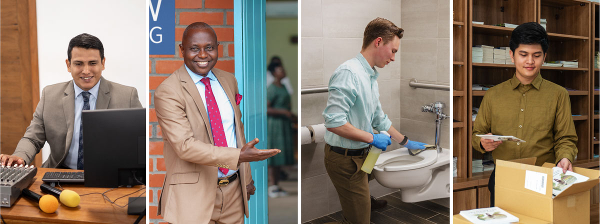 مجموعه‌ای از تصاویر:‏ خادمان جماعت به جماعت خدمت می‌کنند.‏ ۱)‏ برادری نشریات را مرتب می‌کند.‏ ۲)‏ برادری دیگر دستشویی را تمیز می‌کند.‏ ۳)‏ برادری دیگر در جلسه خوش‌آمدگویی می‌کند.‏ ۴)‏ برادری سیستم صوتی و تصویری را تنظیم می‌کند.‏