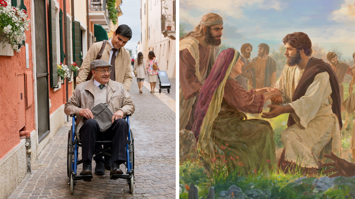 مجموعه‌ای از تصاویر:‏ ۱)‏ عیسی به زنی تسلّی می‌دهد و با مهربانی با او حرف می‌زند.‏ ۲)‏ یک خادم جماعت برادری مسن را که روی صندلی‌چرخدار است به موعظه می‌برد.‏