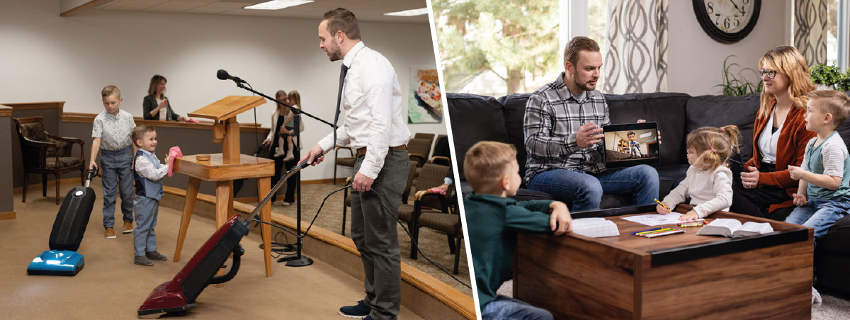 مجموعه‌ای از تصاویر:‏ ۱)‏ پدری با همسر و فرزندانش پرستش خانوادگی انجام می‌دهد.‏ آن‌ها ویدیوی «دوست یَهُوَه شو​—‏⁠خانهٔ یَهُوَه را دوست داشته باش» را در jw.org تماشا می‌کنند.‏ ۲)‏ بعدها،‏ آن پدر همراه دو پسرش در سالن جماعت را تمیز می‌کنند.‏ یک پدر و یک پسر جاروبرقی می‌کنند و پسر دیگر گردگیری می‌کند.‏