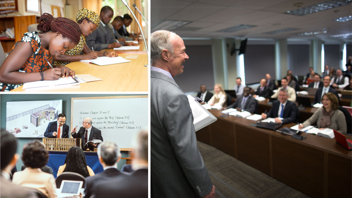 مجموعه‌ای از تصاویر:‏ ۱)‏ عضوی از هیئت اداره‌کننده به برادران و خواهران در یک کلاس آموزش می‌دهد.‏ ۲)‏ برادران و خواهران در کلاس یادداشت برمی‌دارند.‏ ۳)‏ یک معلّم و یک دانش‌آموز در کلاس باب‌های ۸ و ۹ عبرانیان را بررسی می‌کنند.‏ پشت سر آن‌ها عکسی از خیمهٔ عبادت است و روبروی آن‌ها ماکتی از آن.‏