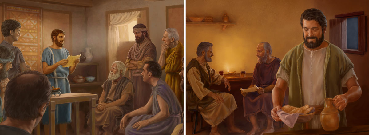 مجموعه‌ای از تصاویر:‏ ۱)‏ مَرقُس برای پولُس و بَرنابا غذا آماده می‌کند.‏ ۲)‏ تیموتائوس نامه‌ای را برای گروهی از پیران جماعت می‌خواند.‏