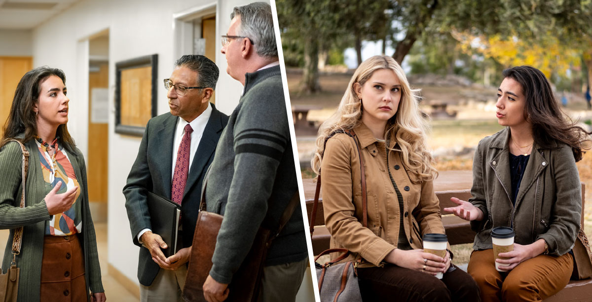 مجموعه‌ای از تصاویر:‏ ۱)‏ دو خواهر در پارک روی نیمکت نشسته‌اند و قهوه می‌خورند.‏ در حالی که یکی از خواهران حرف می‌زند آن یکی رویش را برمی‌گرداند.‏ ۲)‏ بعداً آن خواهری که حرف می‌زد با دو پیر جماعت در سالن جماعت صحبت می‌کند.‏