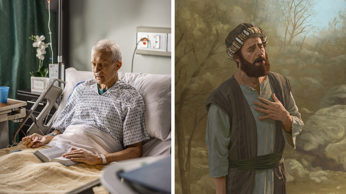 مجموعه‌ای از تصاویر:‏ ۱)‏ یک لاوی در بیابان از ته دلش دعا می‌کند.‏ ۲)‏ برادری روی تخت بیمارستان نشسته و در حالی که کتاب مقدّس روی زانوهایش باز است،‏ دعا می‌کند.‏