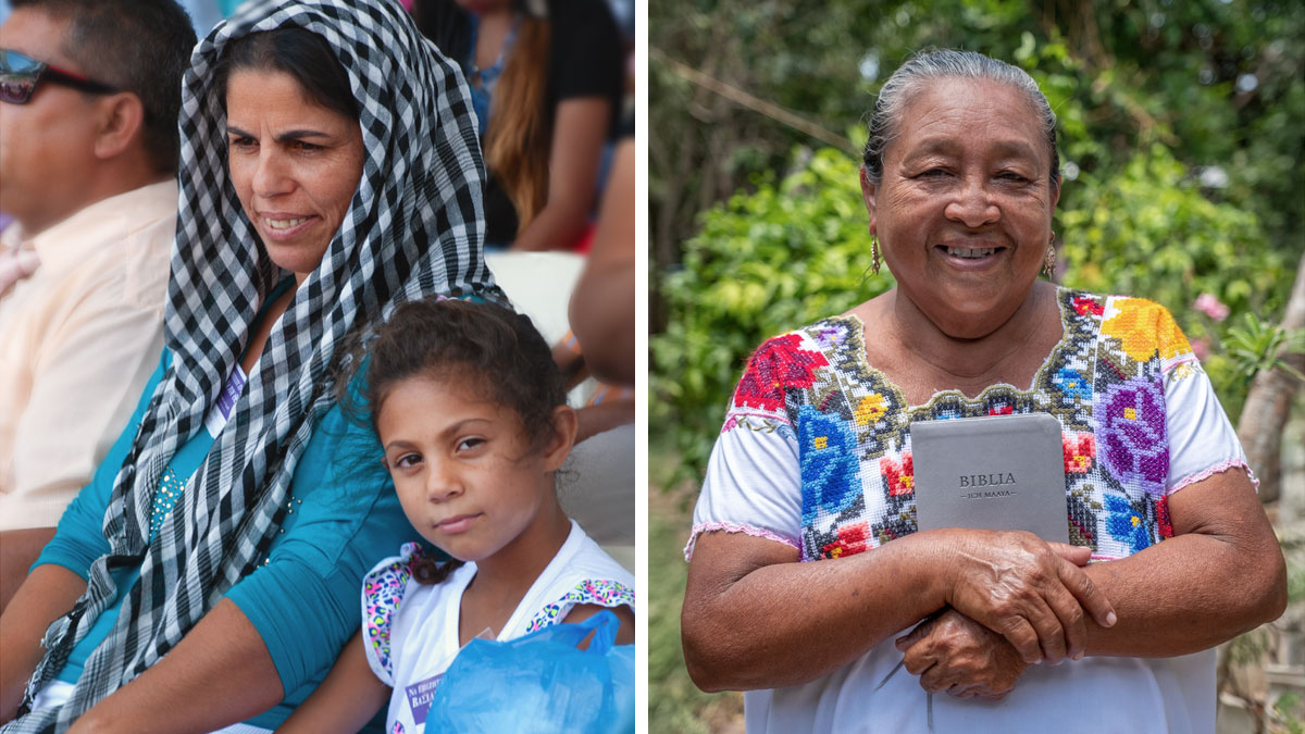 مجموعه‌ای از تصاویر:‏ ۱)‏ خواهری که به یکی از زبان‌های بومی آمریکا صحبت می‌کند کتاب مقدّس را به زبان خودش در دست دارد.‏ ۲)‏ یک خواهر رومانویی و دخترش از یک جلسه لذّت می‌برند.‏